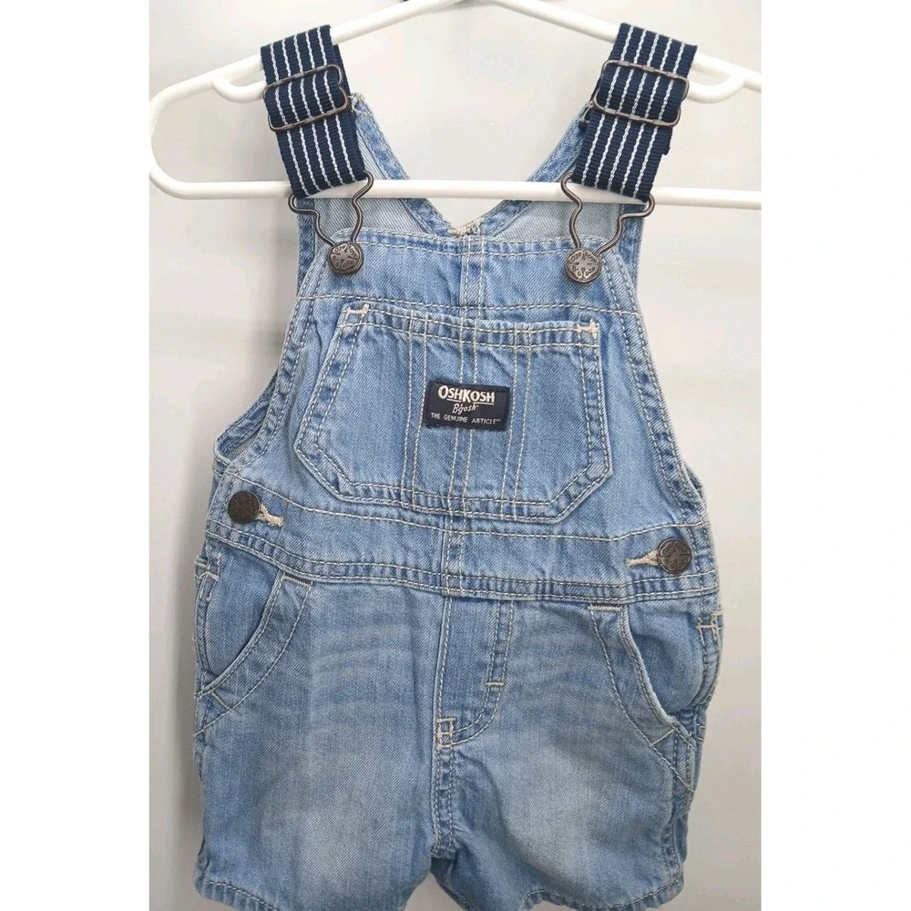 OshKosh B'gosh Denim Overall Shorts Romper One-Piece 6 Mo Baby Sewn On Logo